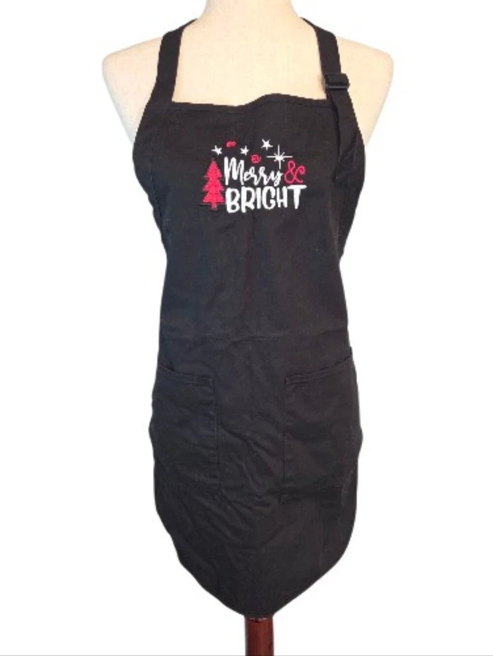 Merry & Bright Christmas Apron Black Cotton Holiday Cooking Baking One Size